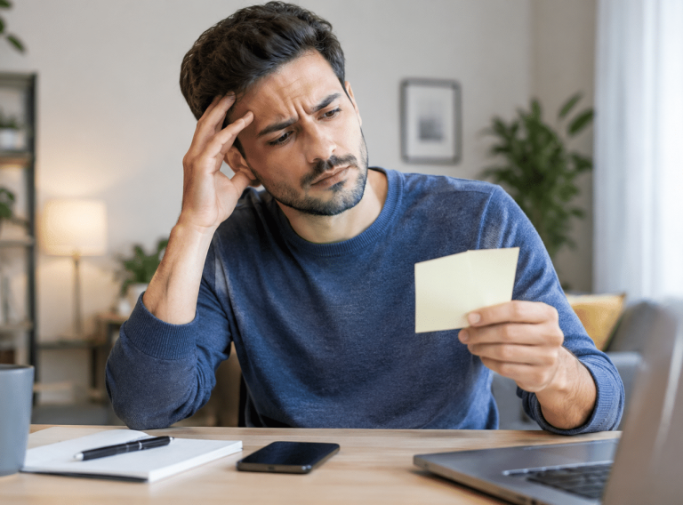 Puzzled Man Reviewing a Sticky Note Memory Problems